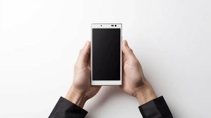 Man using blank black screen white smartphone on white background