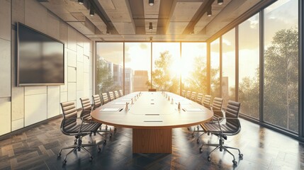Poster - Modern conference room with oval table and chairs, overlooking city skyline at sunset. Bright, airy decor with large windows and flat screen TV.