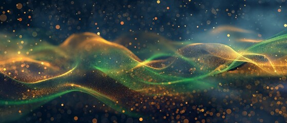 Wall Mural - A colorful wave of light with a green and yellow stripe. Digital particles wave and light abstract background