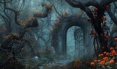 Wall Mural - A dark forest with a mysterious gateway, bordered by twisted, thorny branches and vibrant orange flowers