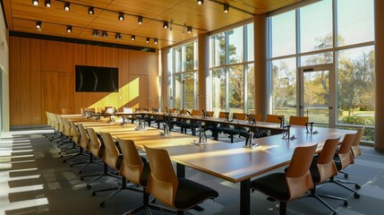 Poster - A large conference room with a long, rectangular table and chairs. The room has large windows that let in natural light, creating a bright and airy atmosphere.
