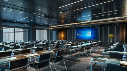 Poster - A modern conference room with rows of tables and chairs, a large screen on the wall, and natural light from the windows.