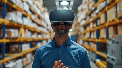 Aufkleber - Man using a VR headset in an industrial warehouse, illustrating the integration of technology and modern manufacturing. Generative AI.