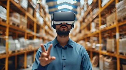 Aufkleber - Man using a VR headset in an industrial warehouse, illustrating the integration of technology and modern manufacturing. Generative AI.
