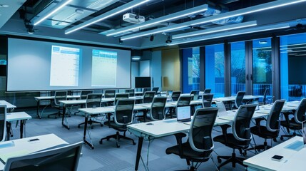 Poster - A modern conference room with rows of desks and chairs, illuminated by overhead lighting. A projector screen displays information in the front of the room, and large windows provide natural light.