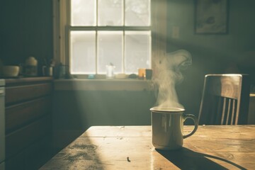 Coffee cup on wooden table in coffee shop - vintage filter. Sun rays streaming from the window.