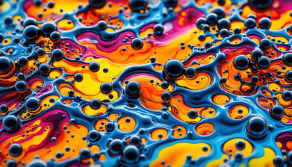 Poster - Close-up of a mesmerizing abstract artwork featuring vibrant, swirling liquids in hues of blue, purple, orange, and yellow, interspersed with large, glossy black bubbles