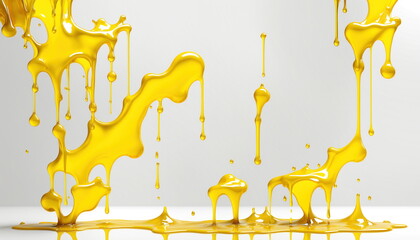 Poster - Abstract image of yellow liquid dripping and splashing in mid-air. Liquid is captured in motion, creating interesting shapes and patterns
