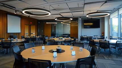 Poster - A modern conference room with multiple round tables, black chairs, and a large screen. The room has a sleek design with large windows and unique circular light fixtures.