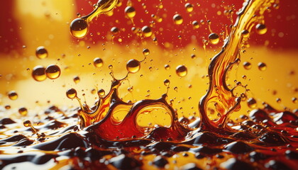 Poster - Golden liquid splashing and creating bubbles on a red and yellow background
