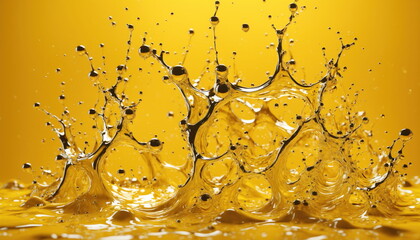 Poster - Golden liquid splashing against a yellow background, creating intricate patterns and droplets. Dynamic movement of the liquid as it interacts with the surface