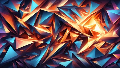 Poster - Digital abstract artwork featuring an intricate pattern of geometric shapes, including triangles and squares, with vibrant color scheme of blue, orange, and red neon hues