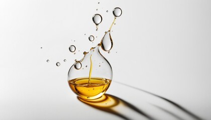 Poster - Golden oil drops suspended on a white backdrop, in various sizes and shapes. Largest teardrop is filled with vibrant, golden liquid, surrounded by smaller drops