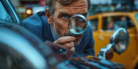 Wall Mural - seeing through a magnifying glass a businessman inspects a car he has selected.stock photo
