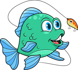 Sticker - Cute Fish Cartoon Character Catching The Fishing Lure. Vector Hand Drawn Illustration Isolated On Transparent Background