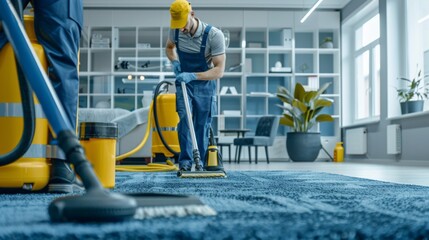 Professional cleaner in blue uniform and yellow cap using professional equipment to clean carpet in modern office