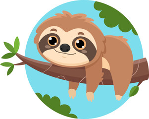Wall Mural - Funny Cute Sloth Cartoon Character Lies On Thick Branch Of Tree. Vector Illustration Flat Design Isolated With Background