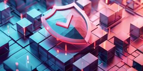 Canvas Print - An innovative 3D illustration featuring a stylized security shield overlaid with a check mark and a bold lock symbol, conveying the concept of secure authentication and verification. 