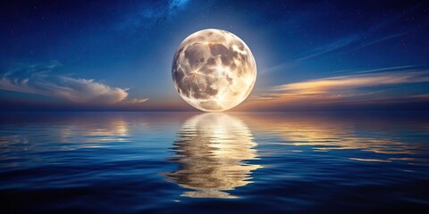 Wall Mural - Moon shining brightly over calm water surface , reflection, lunar, night, tranquil, serene, moonlight, peaceful
