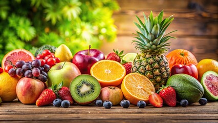 A close-up photo of a variety of colorful and fresh fruits on a wooden table, fruits, food, healthy, vitamin, nutrition