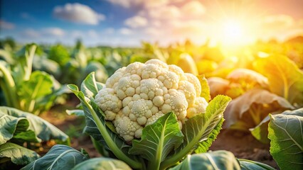 Ripe cauliflower in a sunlit plantation during harvest time, cauliflower, ripe, sun rays, plantation, harvest, agriculture, fresh