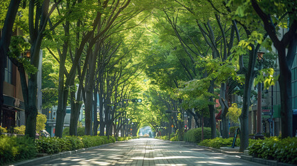 Wall Mural - A city street lined with trees and greenery, creating a refreshing and inviting environment for pedestrians. Generative AI.