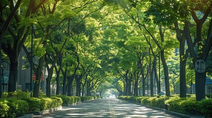 Poster - A city street lined with trees and greenery, creating a refreshing and inviting environment for pedestrians. Generative AI.