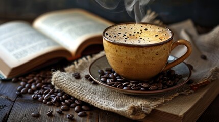 Wall Mural - A cup of coffee drink and coffee beans with a book on a table