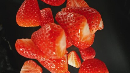 Aufkleber - Super Slow Motion of Falling Strawberries into Water, Black Background. Filmed on High Speed Cinema Camera, 1000 fps. Camera Tracking the Target.