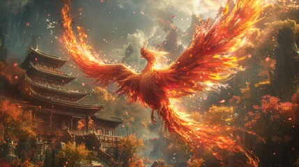 Sticker - Amidst the ruins of an ancient temple, a phoenix rises from the ashes, its vibrant plumage blazing with fiery colors. This mythical creature's rebirth symbolizes renewal and immortality, capturing