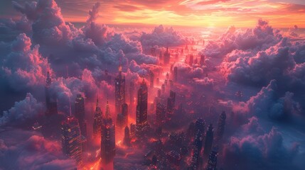 Wall Mural - A cityscape at dawn, where skyscrapers pierce through a thick layer of volumetric clouds. The realistic cloud formations and soft light create a stunning, otherworldly effect, highlighting the