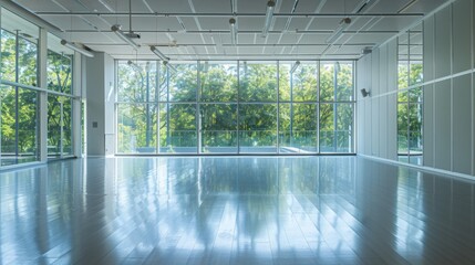 Poster - This image shows an empty, modern room with large windows that overlook a lush green landscape. The room is spacious and bright, with a polished concrete floor.