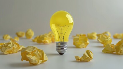 Paper crumpled near yellow light bulb on white surface