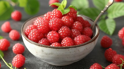 Wall Mural -   A white bowl filled with raspberries atop a gray surface, surrounded by fresh raspberries and green leaves