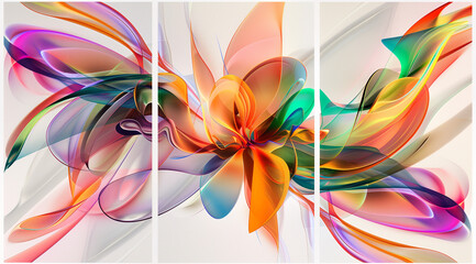 Poster - Abstract colorful flower shapes with flowing lines, set against a white background, in a triptych composition, in the style of illustration, digital art in the style of artist RobbRDyer, high resoluti