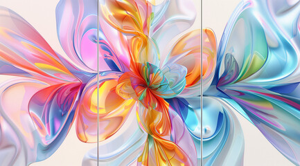 Poster - A colorful, three-dimensional abstract flower design on a white background with three panels. The petals of the flowers have flowing curves and are made up of different colors such as blue, pink, yell