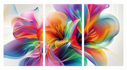 Poster - 3 pieces of colorful flowers, with vibrant colors, in 2d illustrations, on a white background, each piece on its own vertical line in a triptych composition, with bright and vivid colors, in the style