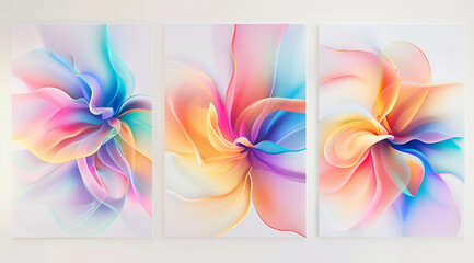Poster - 3 pieces of art with colorful gradients, 2D illustrations with soft edges on a white background. Each piece is a different shape and color, and all three pieces fit perfectly together in the same fram