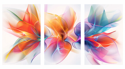 Poster - Abstract colorful art of an elegant flower, set against a white background in a triptych composition with three separate panels and soft lighting, presented at a high resolution