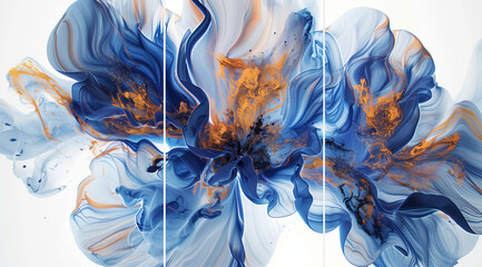 Poster - A beautiful abstract painting of blue and orange swirling liquid in the shape of flowers, triptych, white background, stunning