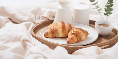 Croissant on a white plate and cappuccino on a wooden tray. Morning, delicious breakfast. Food on a tray in bed.Romantic breakfast