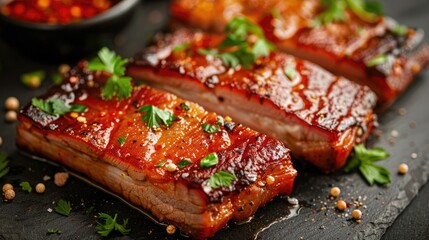 Canvas Print - Close up image of pork belly slices with sauce and parsley on a table