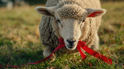 Wall Mural - Close up image of an adorable Jezersko Solcava sheep wearing a red bow while feeding on the grass