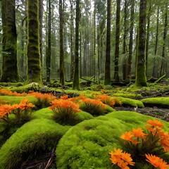 This is a photo of a forest with bright orange flowers in the foreground and green moss on the ground. There are tall green trees Generative AI 