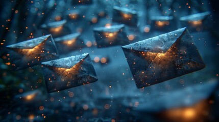 Envelopes glowing in a magical forest, night view. Fantasy and mystery concept
