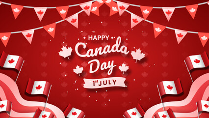 Wall Mural - Happy Canada day vector Podium banner, greeting card. Canadian wavy flag in 1st of July national patriotic holiday horizontal design