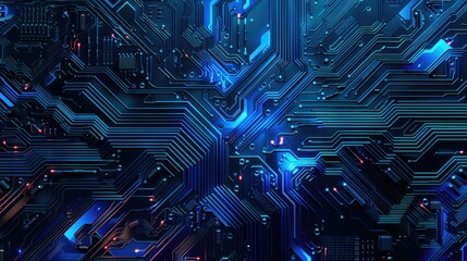 Poster - An abstract blue circuit board with 3D rendering, highlighting advanced technology and innovative chip designs
