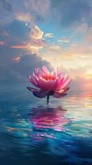 Single pink water lily floating on calm water at sunset, serene and peaceful nature scene concept