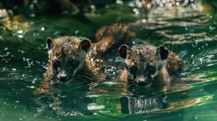 Sticker - Two Cute Binturongs Swimming in Green Water