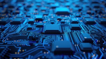Poster - Abstract digital blue circuit backdrop, showcasing intricate 3D rendering of technology, chips, and innovation in a futuristic design
